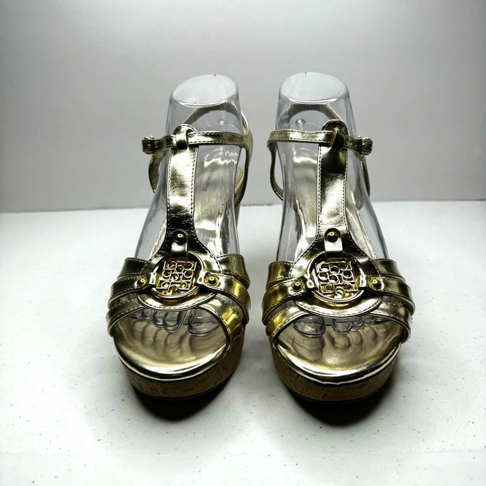 Liz Claiborne Kattie Metallic Gold Platform Cork Wedge Sandals Gold Medallion 9M
